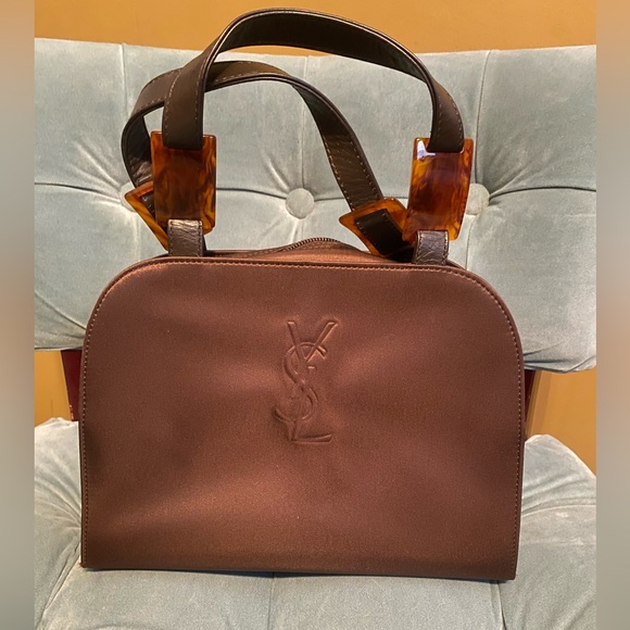 Saint Laurent Handbags - Vintage Saint Laurent Chocolate Brown Satin Satchel with Tortoiseshell Accents